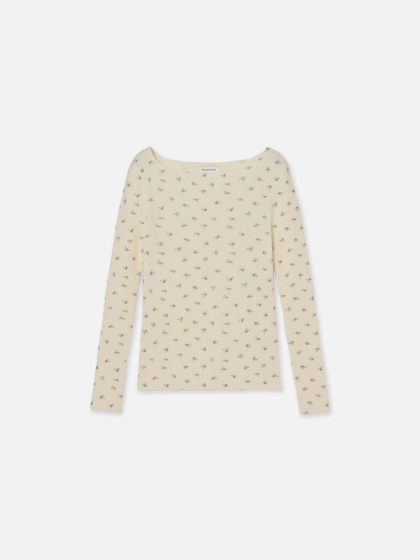 FLOWER PRINT BOAT NECK PULLOVER