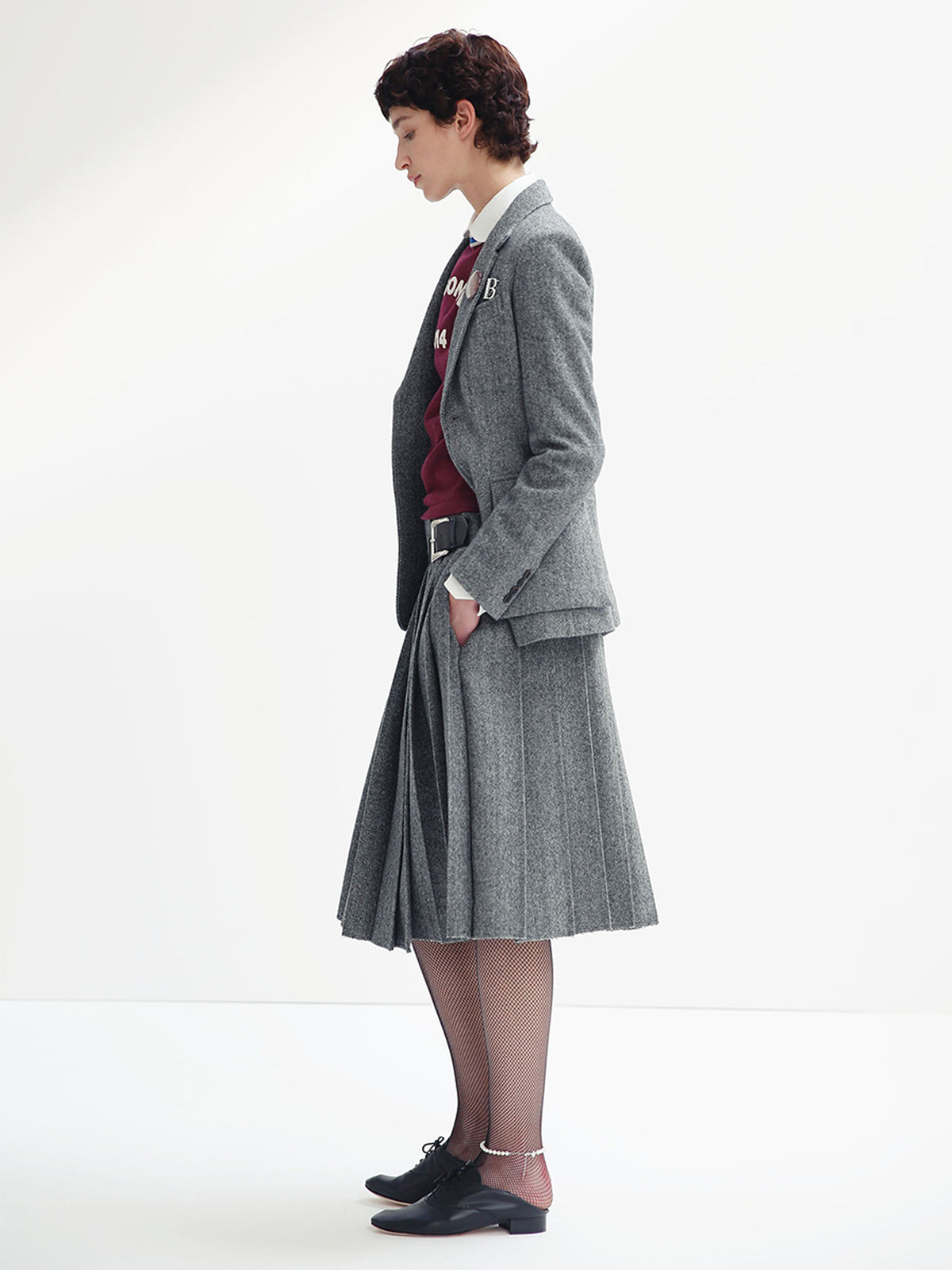 PLEATED WRAP SKIRT HERRINGBONE