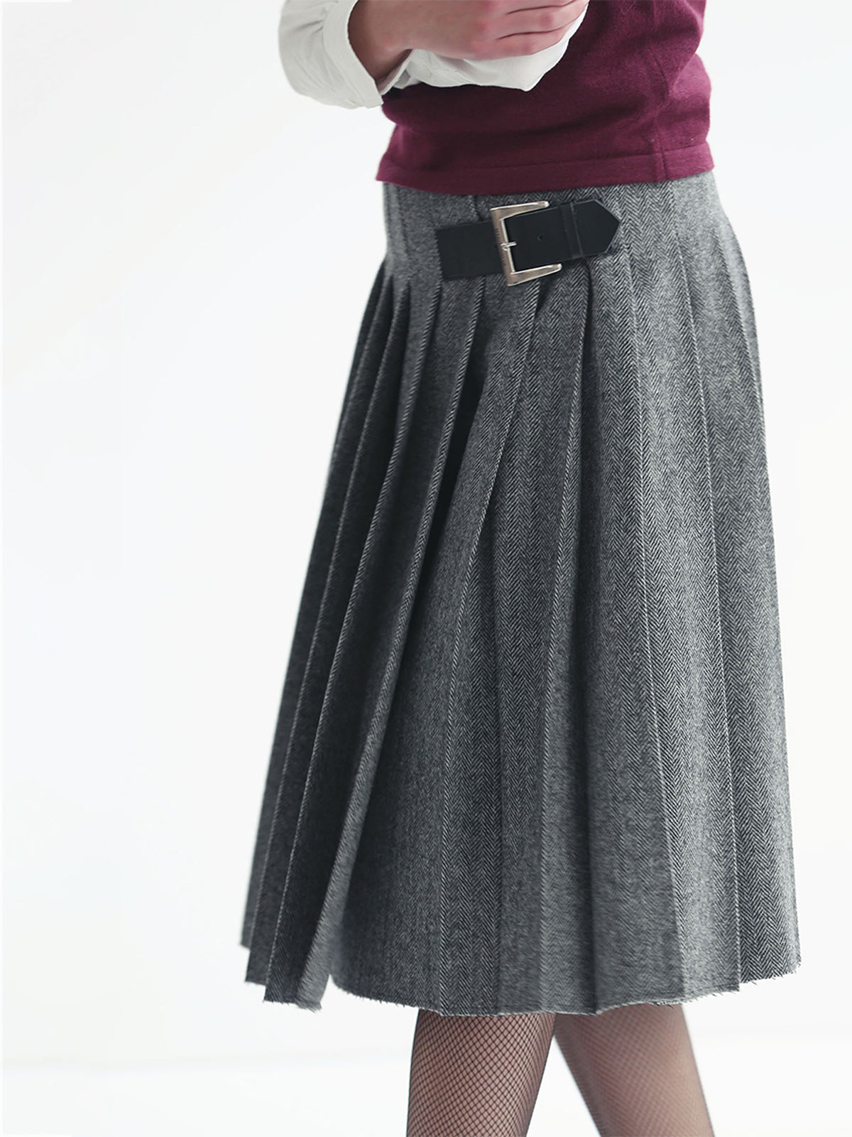 PLEATED WRAP SKIRT HERRINGBONE